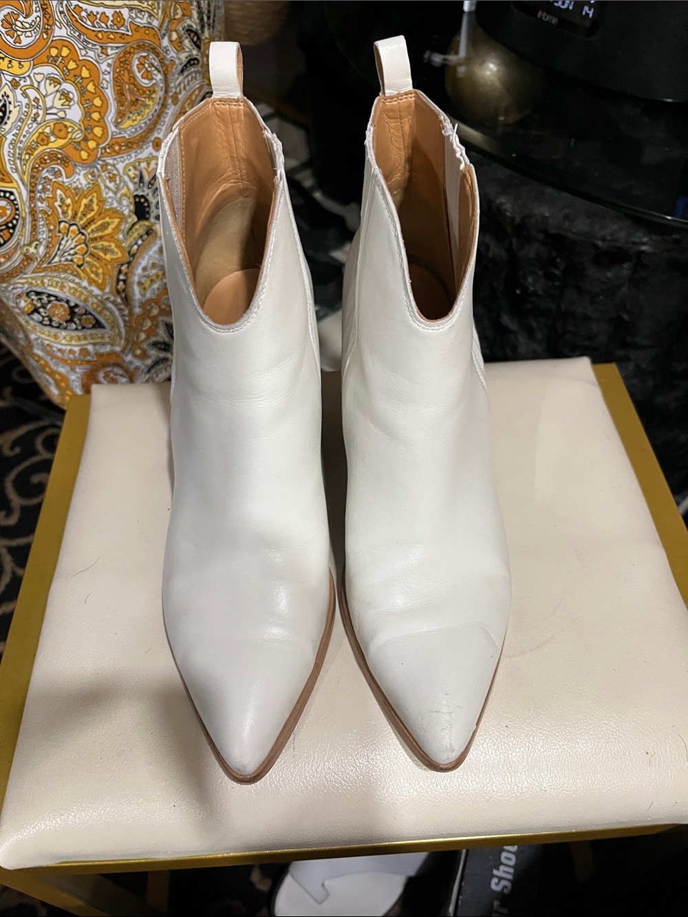 Marc Fisher White Leather Pointed Ankle Booties